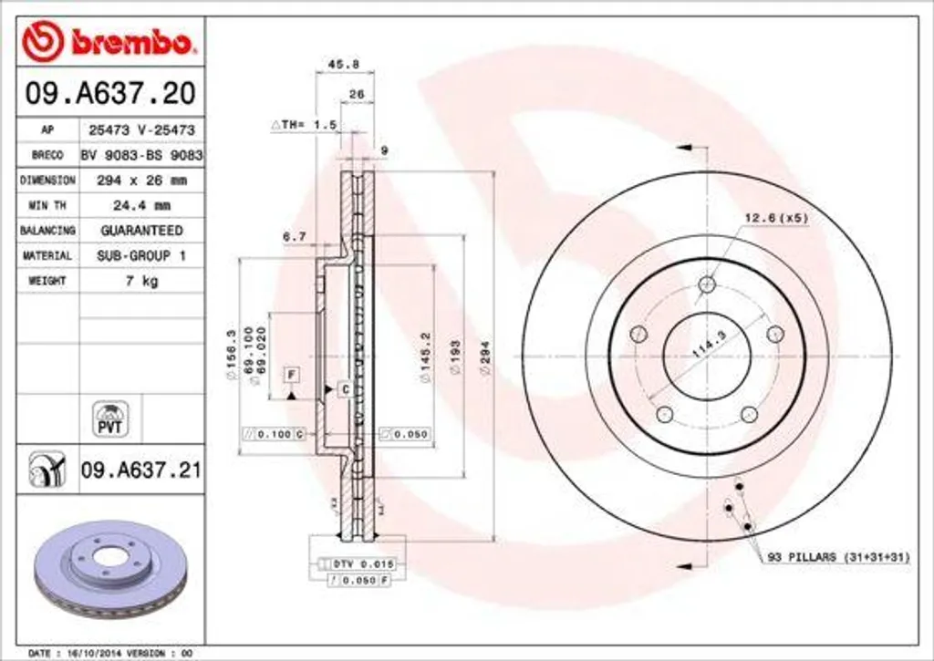 Disque de frein Brembo 09.A637.21 Haute Performance - 1607500580 OE