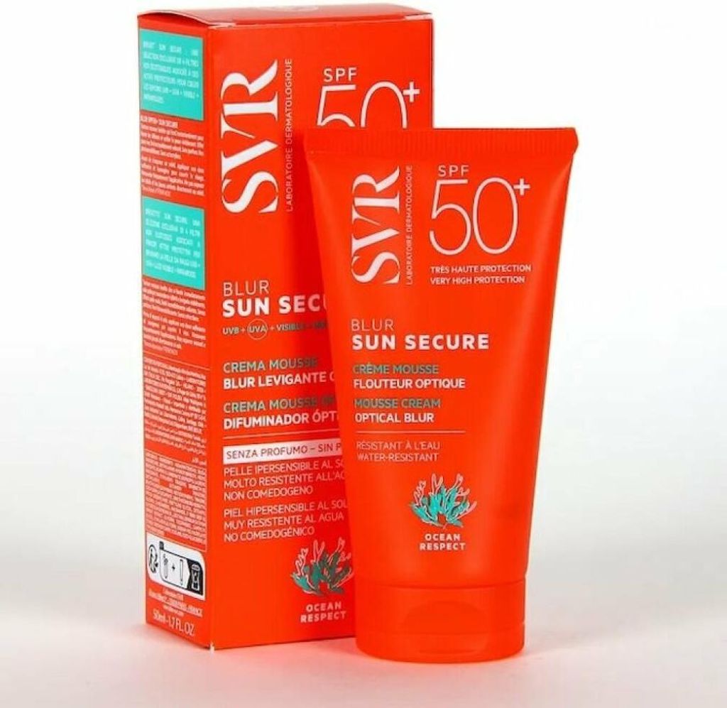 A product shot of an orange tube of SVR Sun Secure Blur SPF 50 sunscreen next to its matching box.