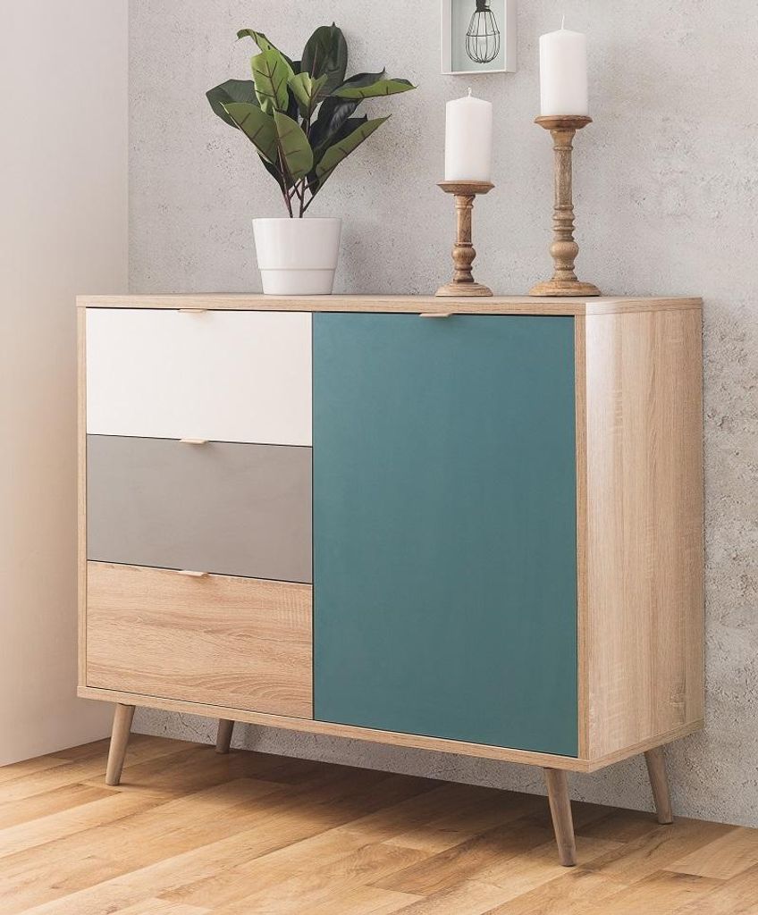 Kommode CUBA Sideboard Anrichte Sonoma Eiche weiß grau petrol 103x85