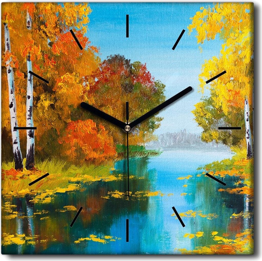 Coloray Uhr auf Leinwand 30x30 cm Wand Uhr Dekoration Wohnzimmer Segeltuch schwarze Hände -Birkenbaumlandschaft.