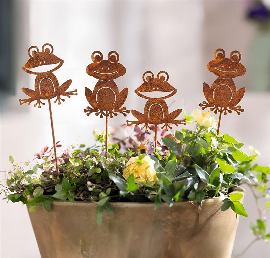 4x Gartenstecker "Frosch" aus Metall mit Rost Finish, 38 cm hoch, Blumenstecker, Outdoor Rostdeko, Gartendeko für Außen