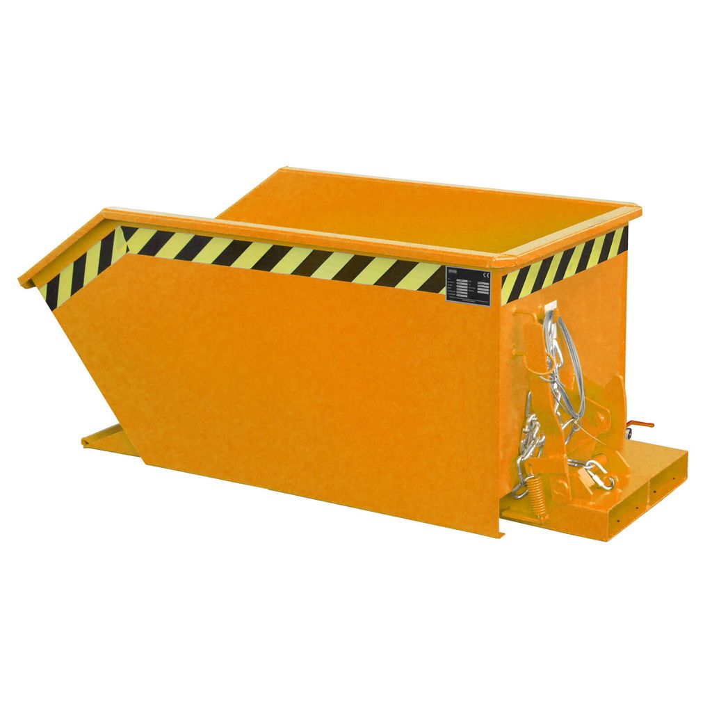 Späne-Mulden-Selbstkippbehälter, automatischer Aufrichter, Traglast 750 kg, LxBxH 1440x680x580 mm, Vol. 0,30 cbm, RAL 2000 gelborange