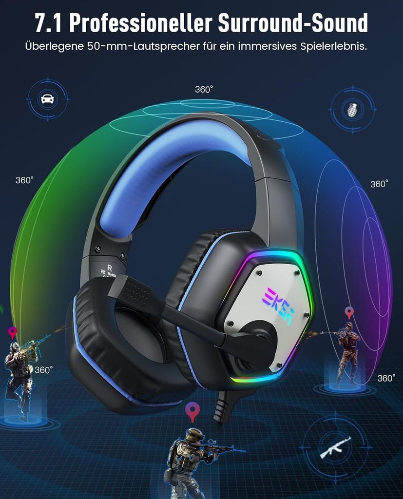 EKSA Headset USB mit Mikrofon, PC Headset Blau, 7.1 Surround-Sound für Exakte Feindortung im Spiel, RGB Gaming Headset mit Noise-Cancelling Mikrof...