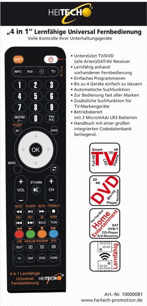 Pilot zdalnego sterowania HEITECH do Smart TV, DVD, SAT, Zdjęcie produktu