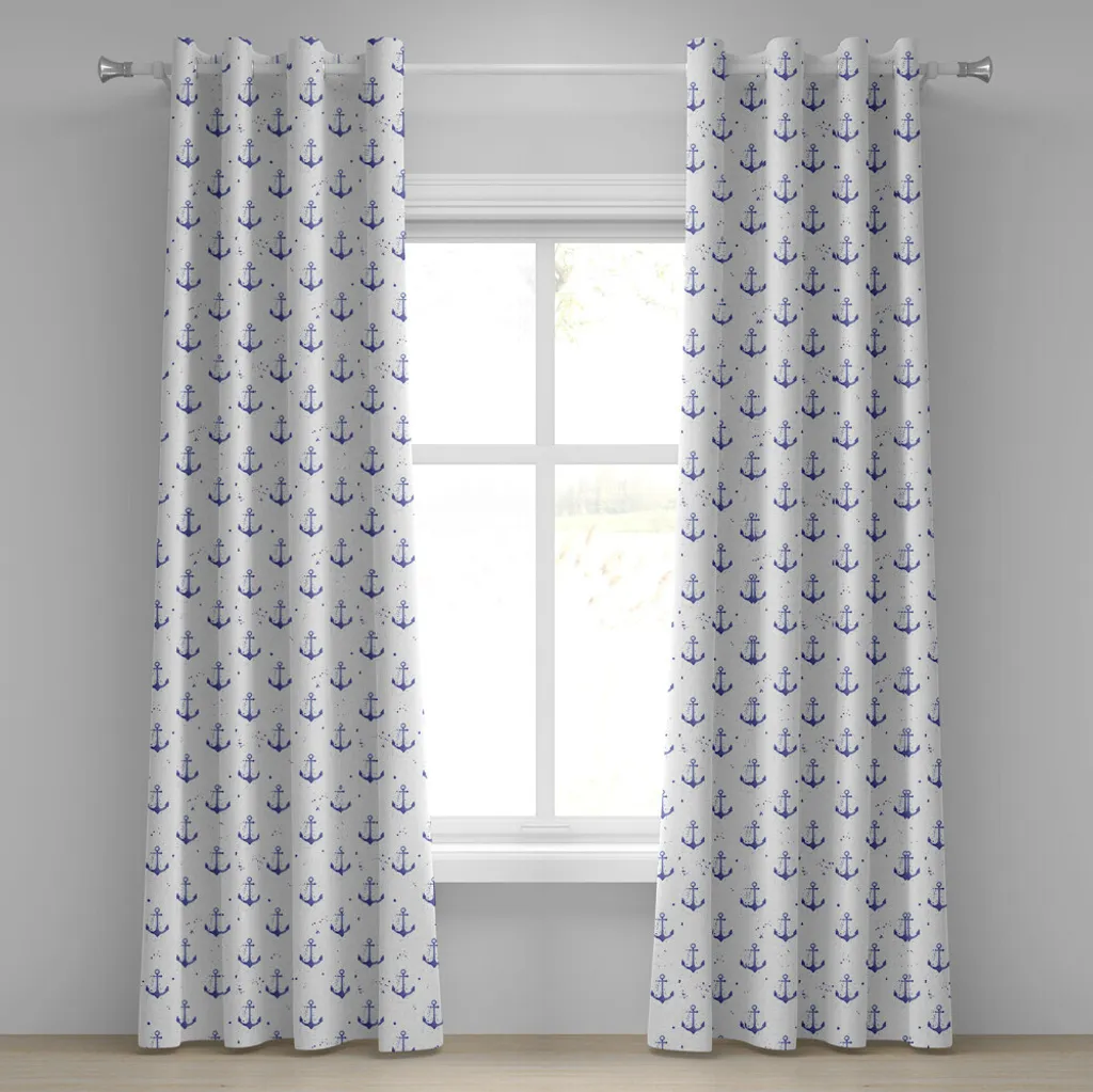 ABAKUHAUS Tenda con occhielli, motivi acquerellati di ancore, motivo nautico monocromatico ripetuto, tende decorative a 2 pannelli, 280 cm x 175 cm, viola, blu e bianco