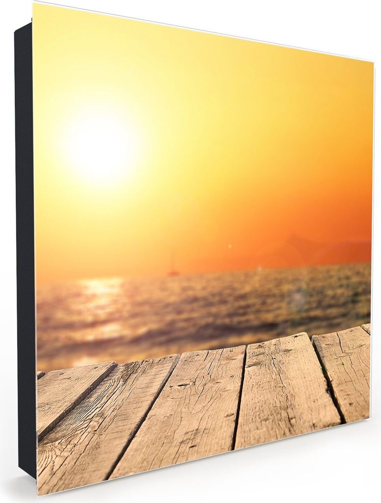 Nachbildung-Schlüsselkasten, Magnetpinnwand und Memoboard mit Glasfront Motiv Sonnenuntergang am Pier