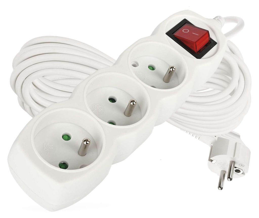 Prodlužovací kabel 10 m / 3 zásuvky / s vypínačem / bílý / PVC / 1,5 mm2