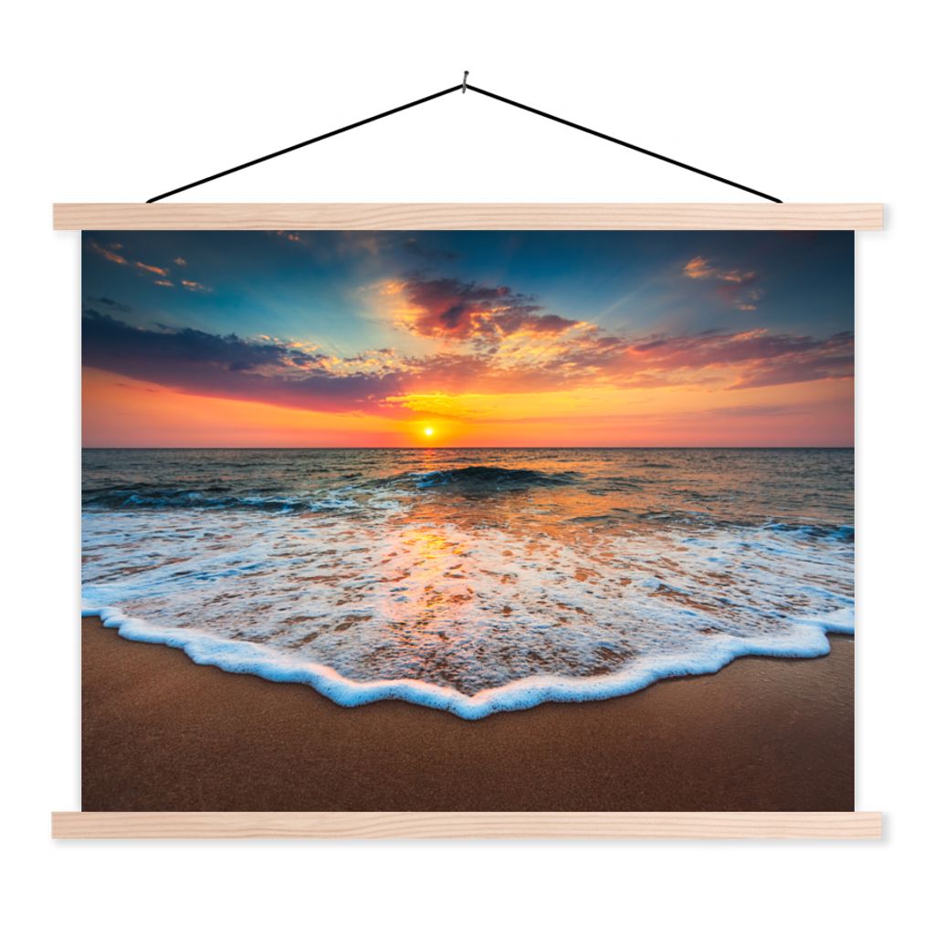 MuchoWow Textilposter Strand - Meer - Sonnenuntergang 120x90 cm mit holzfarbenen Rahmen - Magnetisch