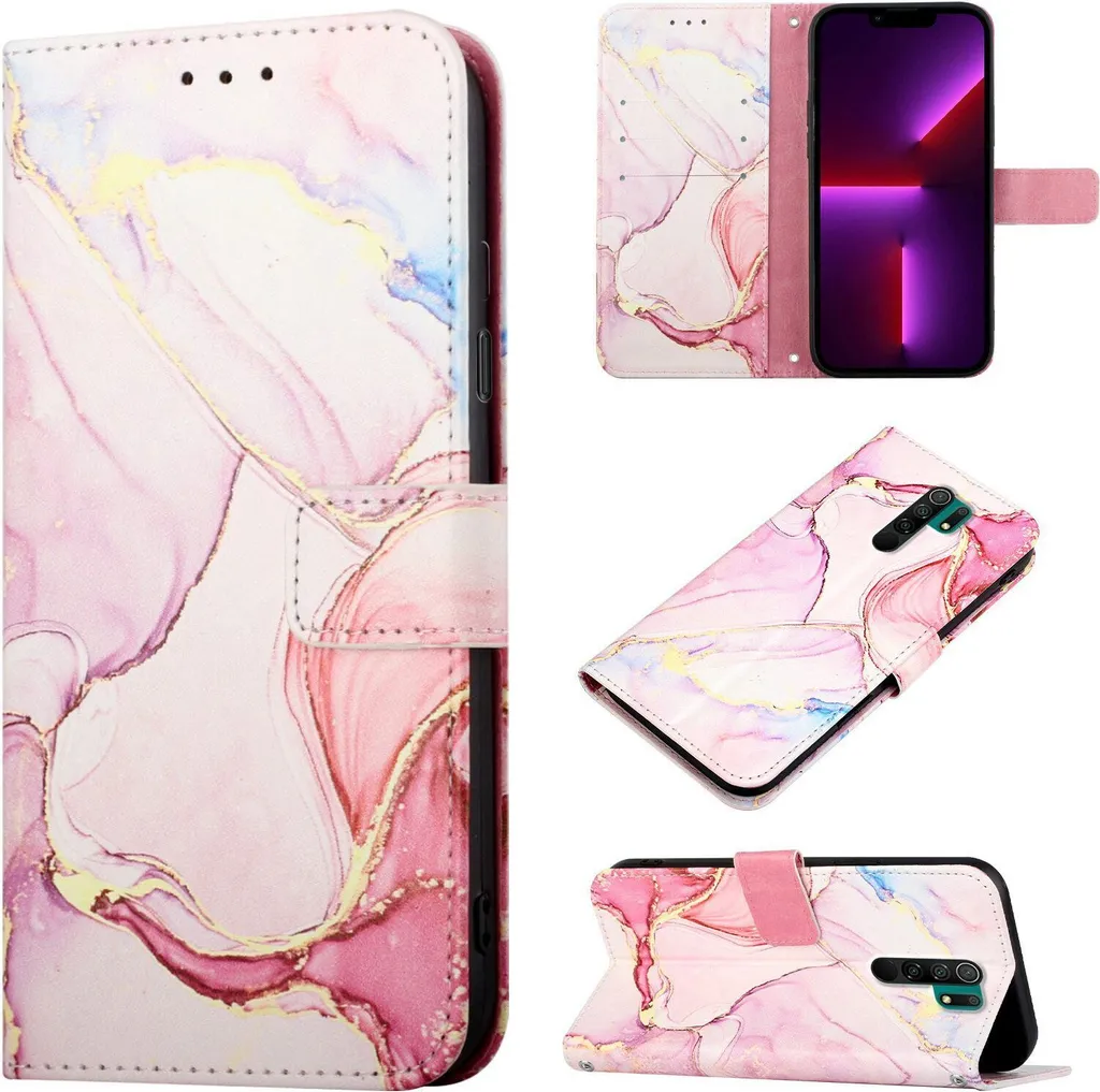 Custodia Redmi 9, custodia in Finto cuoio con motivo a marmi, tasche per carte, custodia stand per Xiaomi Redmi 9 / Poco M2 Rosa Bianco