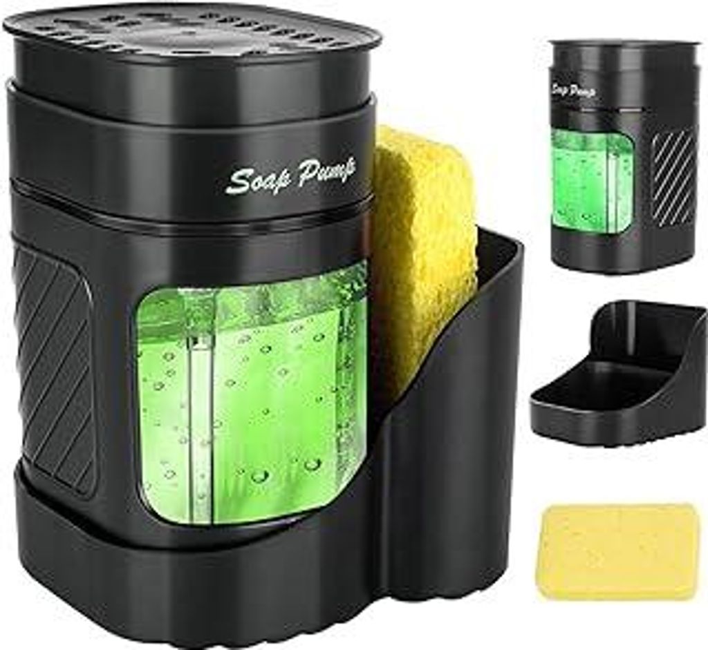 Spülmittelspender Küche Set, 3 in 1 Seifenspender Set mit Tablett und Schwammhalter,Waschmittel Wiederbefüllbar,Geeignet für Küchenspüle