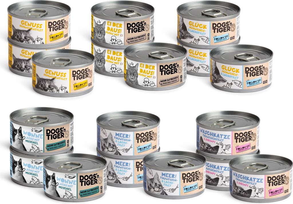 Dogs’n Tiger Adult Katzenfutter, Nassfutter, Getreidefrei, Mixpaket Filet olé!, Thunfisch, Lachs, Muscheln, Shrimps & Huhn, 18x 70g
