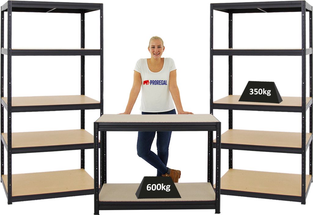 Mega Deal | 2x Schwerlastregal Slim Elephant M & 1x Höhenverstellbare Werkbank Slim DINO | Fachlast bis zu 600kg | Schwarz