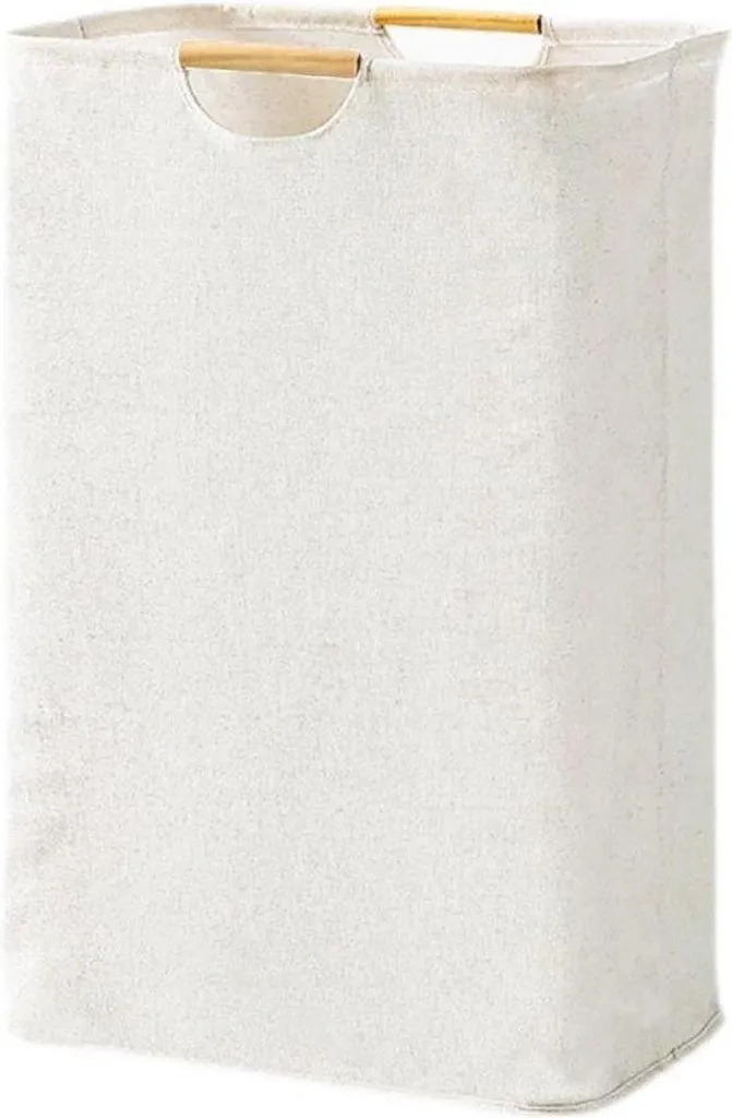 Panier linge beige compact avec poignée bois pour transport facile