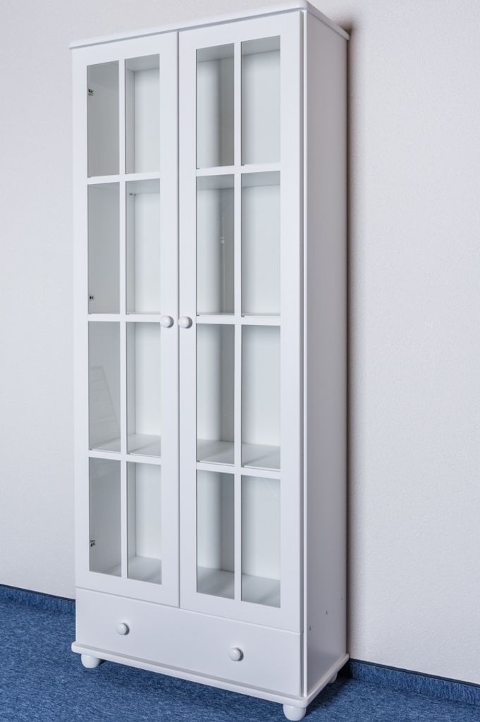 Vitrine Kiefer massiv Vollholz weiß Junco 34 - Abmessungen: 195 x 80 x 35 cm (H x B x T)