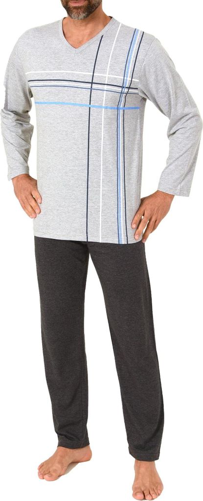 Normann Herren langarm Schlafanzug Pyjama mit eleganten Frontprint im zeitlosen Design ; grau , 58
