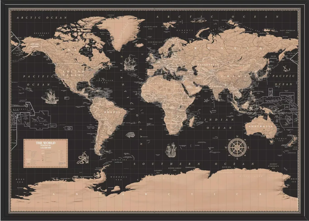 Grande carte du monde lisible et élégante fond noir version anglaise 1:42M