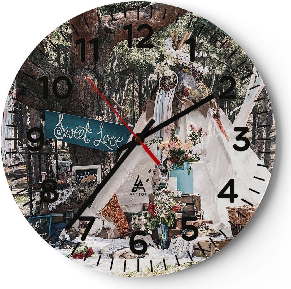 Wanduhr - Rund - Glasuhr - Jungvermählten Liebe Landschaft - 40x40cm - Schleichendes Uhrwerk - Lautlos - zum Aufhängen bereit - Dekoration Modern...