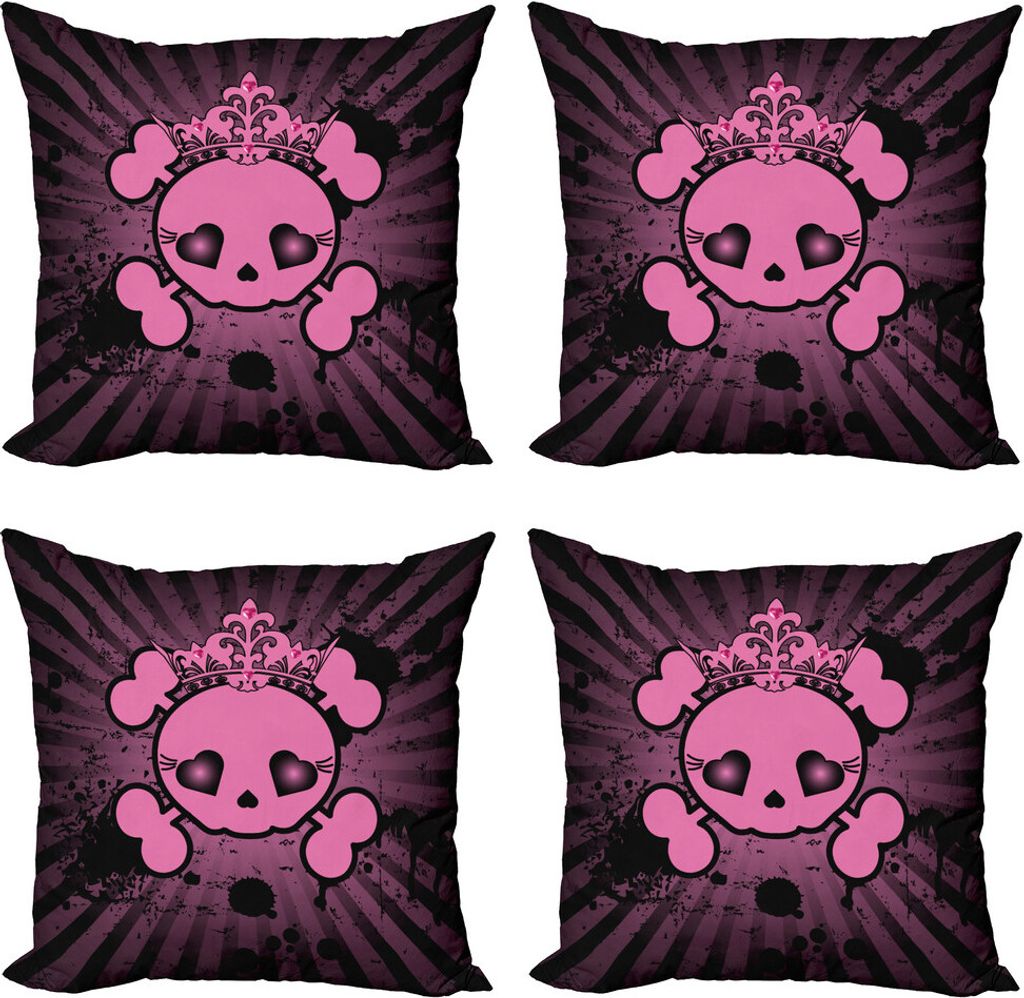 ABAKUHAUS Schädel Kissenbezug Set (4 Stück), Schädel-Schmutz-Pop-Art, Moderner Doppelseitiger Digitaldruck, 40 cm x 40 cm, Pink Schwarz