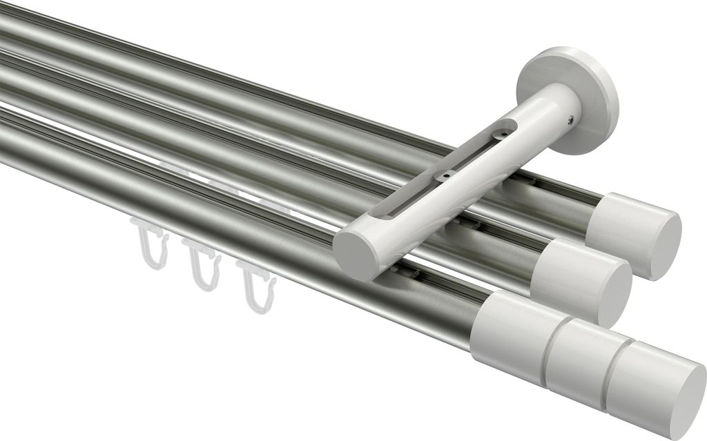 Interdeco Innenlaufstange / Gardinenstange mit Innenlauf Edelstahl-Optik / Weiß, Typ Siteno Elanto (Rillenzylinder), 20 mm Ø 3-läufig, 540 cm