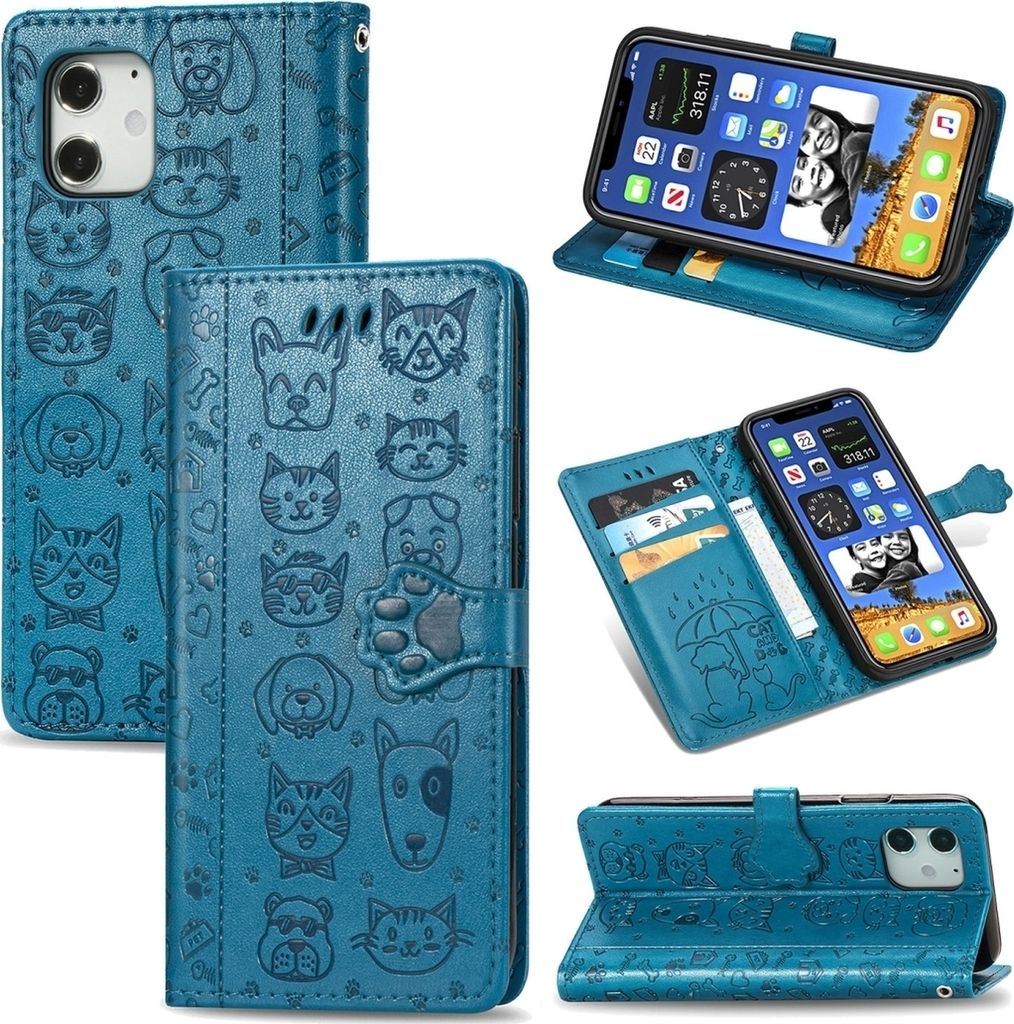 Mobigear Cat and Dog iPhone 12 Hülle Klapphülle Geldbörse - Blau