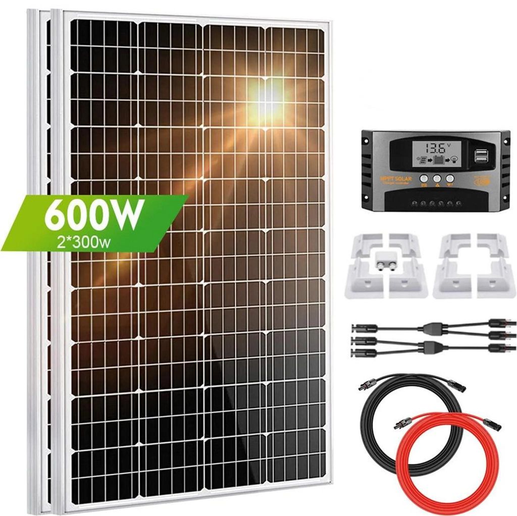 600W Solarpanel Kit 12V Monokristallin 2x300W Solarmodule + 100A Laderegler + Montagehalterung + Solarkabel Komplettset Wohnmobil Camping Balkon
