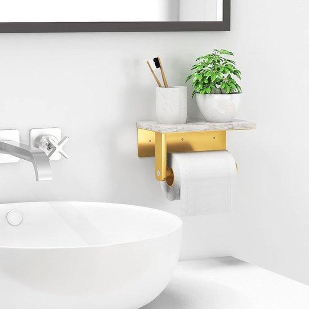 Toiletpapierhalter aus gebürstetem Gold mit einem Naturmarmorbrett, Wandmontage mit Schrauben aus 304 Edelstahl, Toilettentüchergestell für die ...