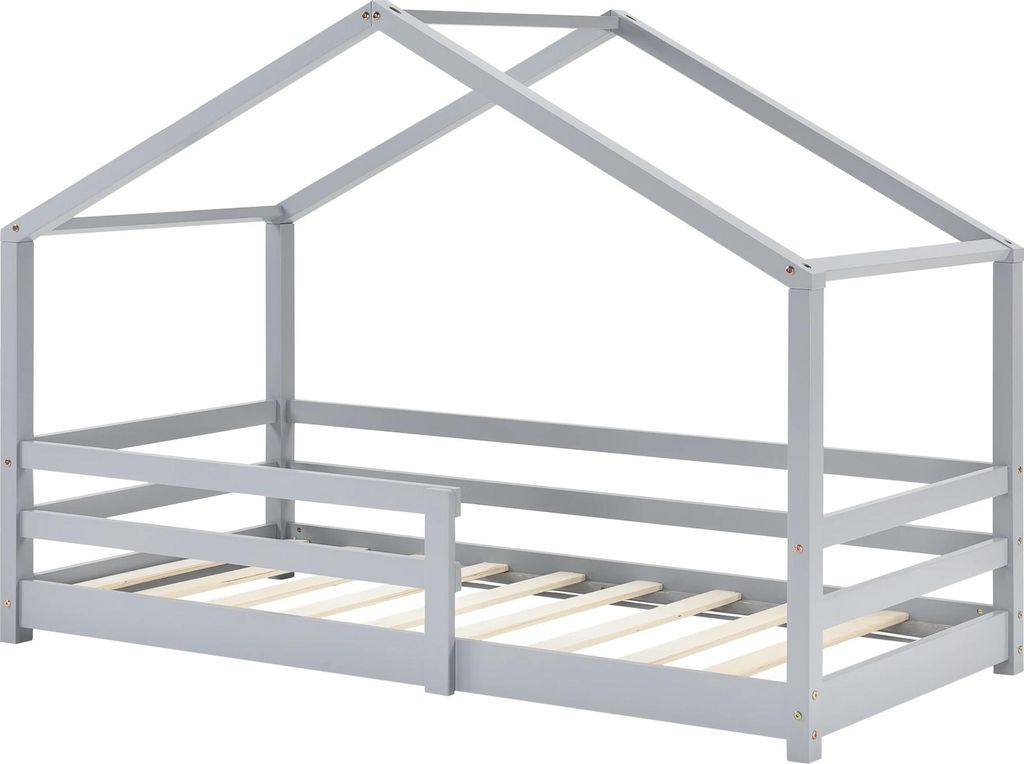 In And OutdoorMatch Kinderbett Drew - Hausbett - Mit Rausfallschutz - 70x140 - Hellgrau - Kiefer - Für Mädchen - Für Jungen - Für Kinder
