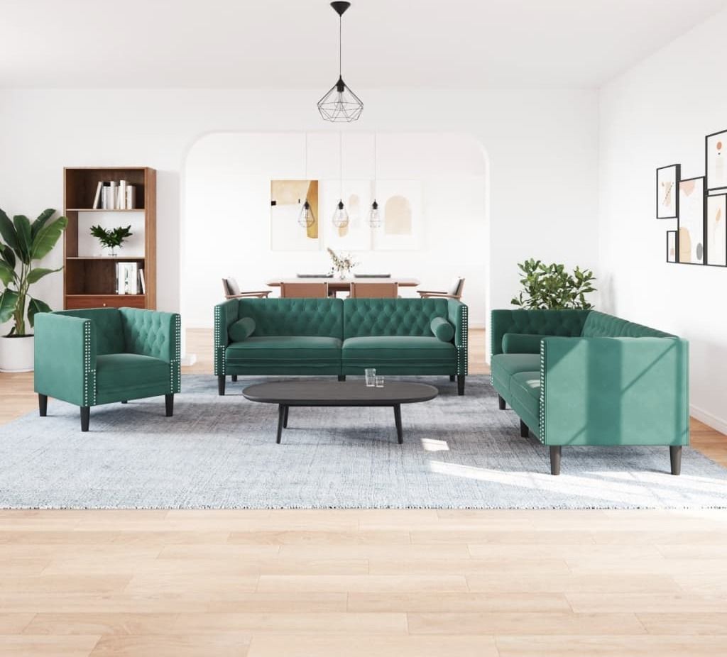 Maison Exclusive - 3-tlg. Chesterfield-Sofa-Set mit Nackenrollen Dunkelgrün Samt