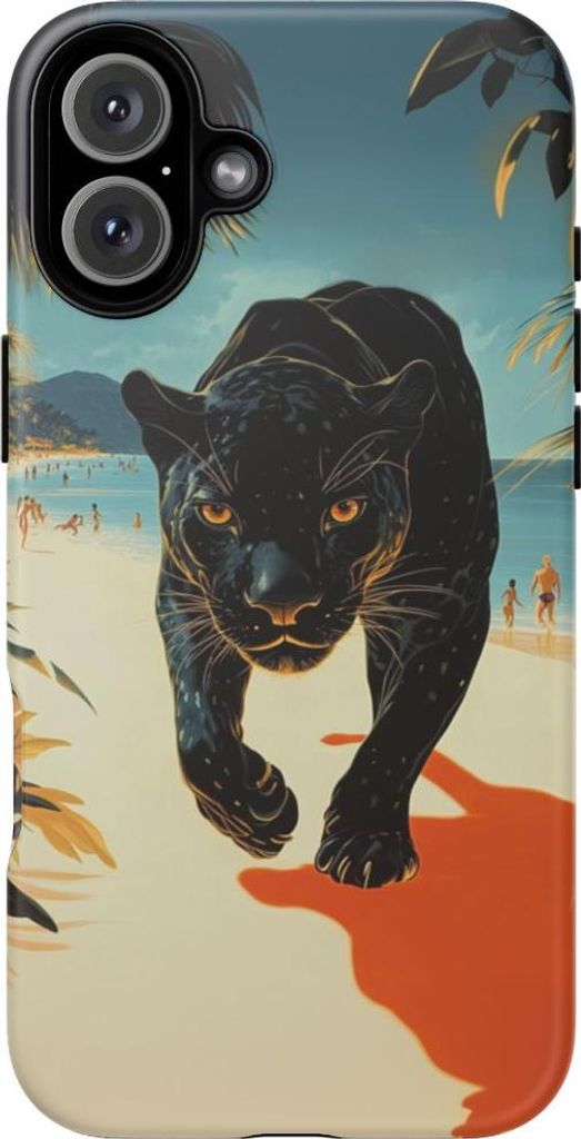 Eleganter schwarzer Panther am Strand – Handyhülle Kompatibel mit iPhone 16 Plus