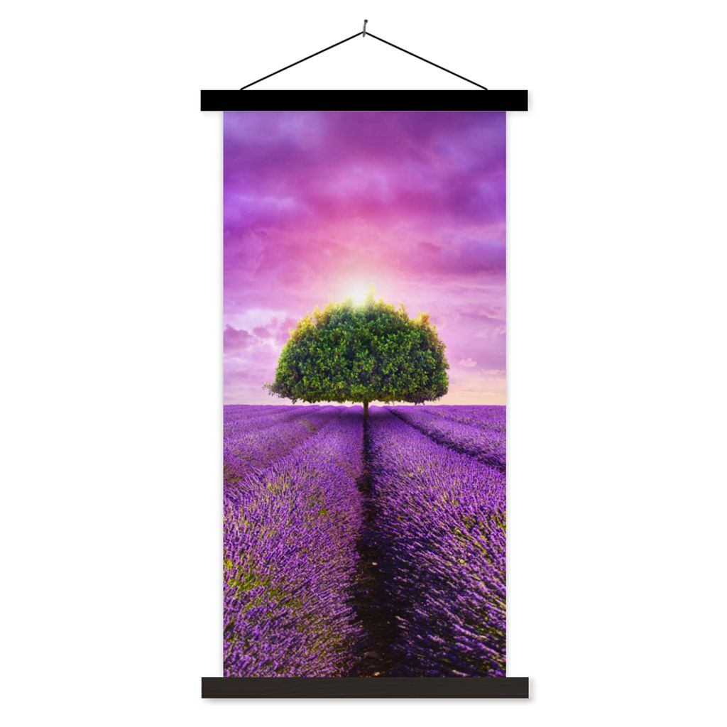 MuchoWow Textilposter Lavendel - Baum - Lila - Wolken 60x120 cm mit schwarzem Rahmen - Magnete