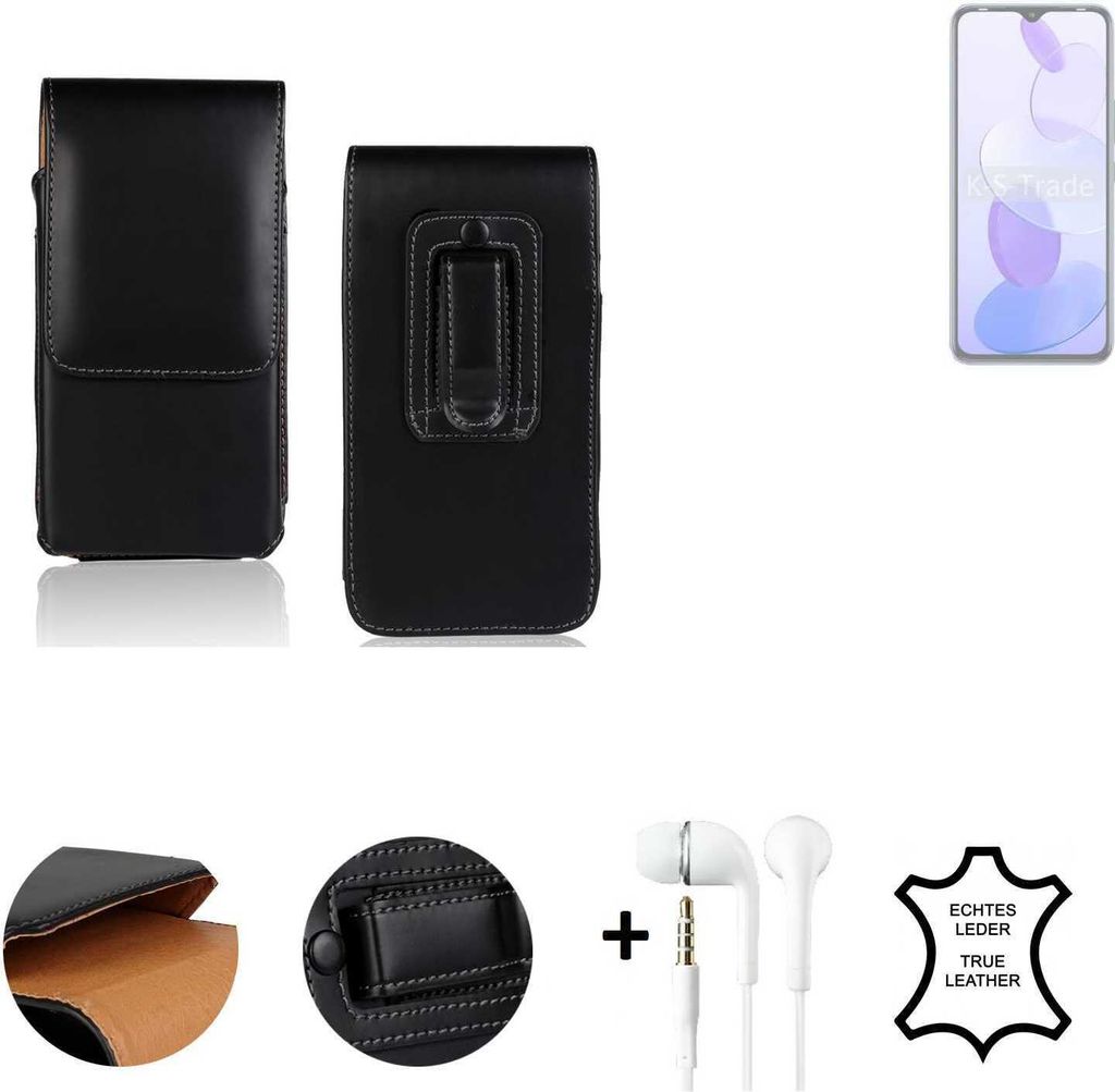 K-S-Trade Leder Gürteltasche + Kopfhörer kompatibel mit Infinix Smart 6 Plus X6511G Seitentasche Belt pouch Holster Handyhülle Schutz Hülle Etui