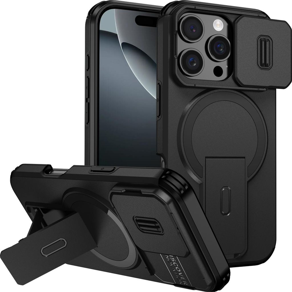 Magnetisch Hülle für iPhone 16 Pro, Dual Layer Stoßfest Handyhülle mit Dia Kameraschutz, Verstellbarem Ständer Schwarz