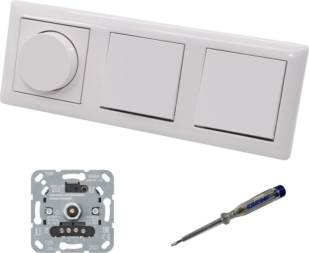 GIRA 245500 LED Drehdimmer Dimmer + Dimmerscheibe Zentralscheibe 065003 und 2 x Kreuzschalter 010700 in System55 reinweiß glänzend inklusive EBRO...
