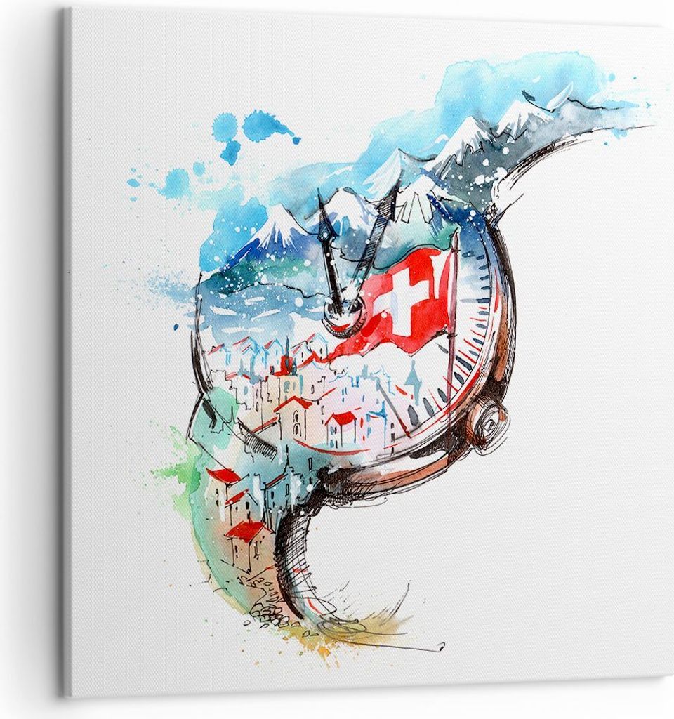 Bild auf Leinwand - Leinwandbild - Uhr Schweizer Alpen Wolke - 50x50cm - Wand Bild - Wanddeko - Leinwanddruck - Bilder - Kunstdruck - Wanddekoratio...