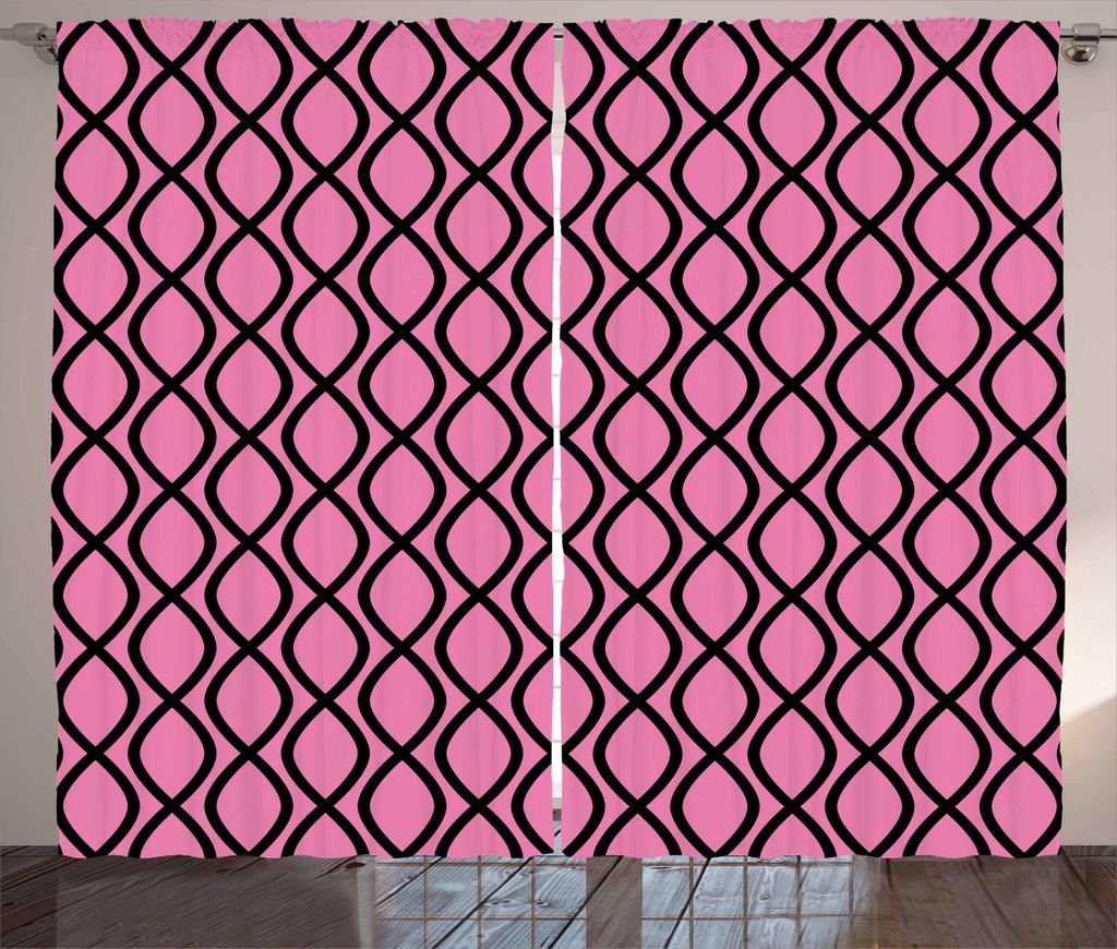 ABAKUHAUS Hot Pink Rustikaler Vorhang, Gewellte Linien Feminine, Wohnzimmer Universalband Gardinen mit Schlaufen und Haken, 280 x 245 cm, Pink Schwarz