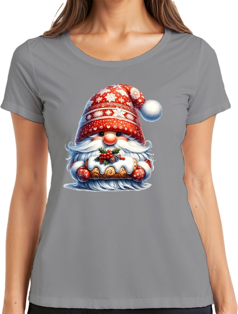 Weihnachtswichtel mit Lebkuchen und roten Weihnachtsmotiven süß fest Damen T-Shirt, Grau, 3XL