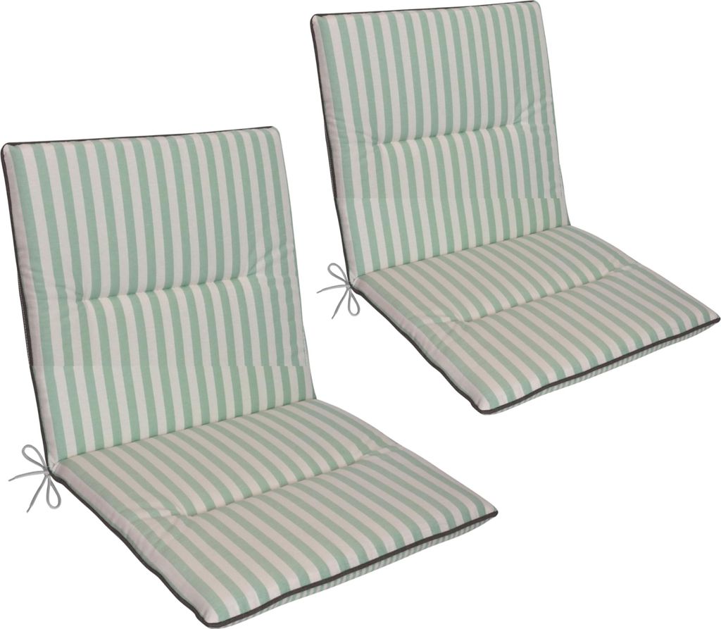 LILENO HOME Gartenstuhl Auflagen als [2er Set - Niedriglehner] in Streifen Türkis-Grün + Keder Grau - bequeme Liegen als Sitzauflagen für Garten...