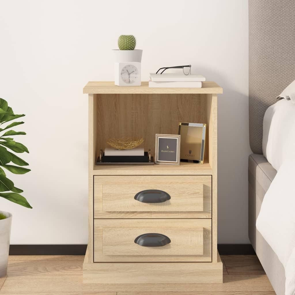 A wooden nightstand with two drawers and an open shelf, placed next to a bed.