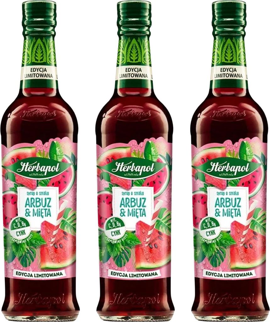 Herbapol Wassermelone Minze Sirup 3x 420ml - Getränkesirup für Wasser Cocktails