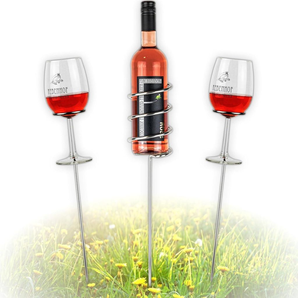 Weinhalter für Flaschen und Gläser - Edelstahl-Weinständer für Picknick, Garten und Camping