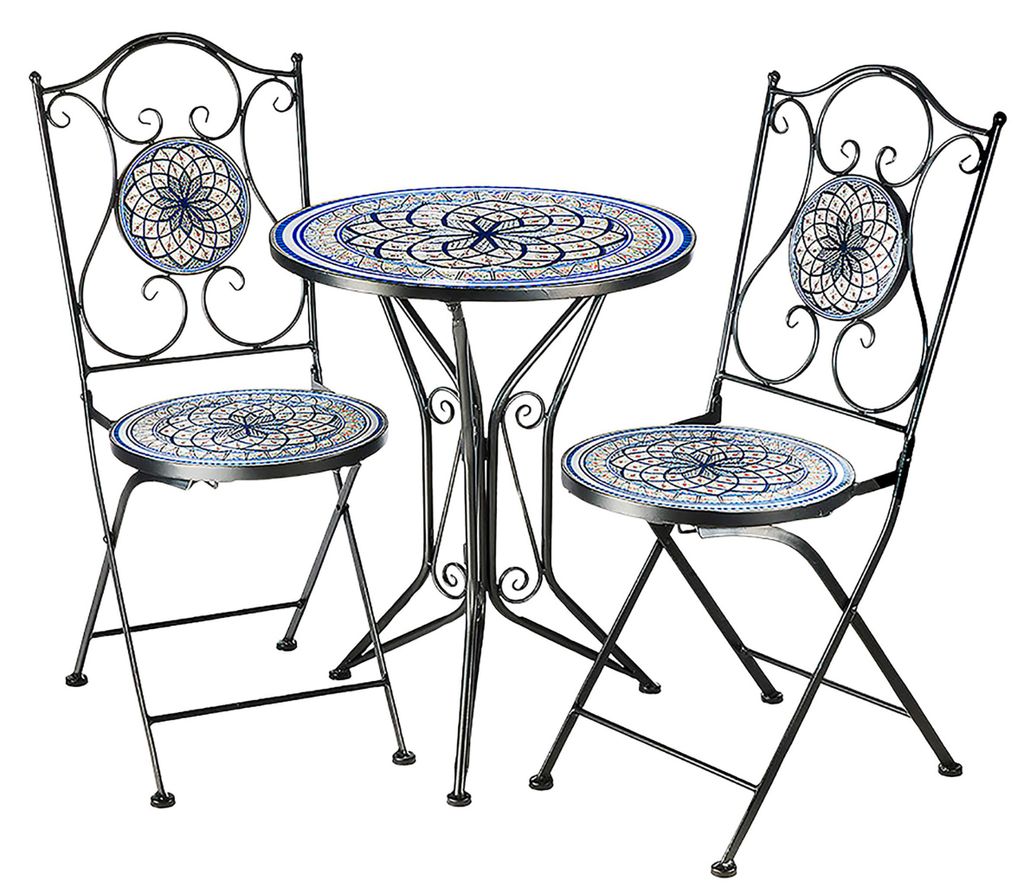 A metal bistro set with mosaic-style detailing on the tabletop and chair seats and backs.