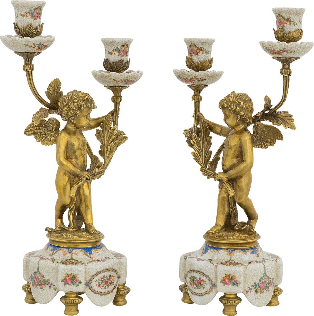 Set 2-teilig Kerzenständer Porzellan Messing Engel Skulptur Antik-Stil 39cm