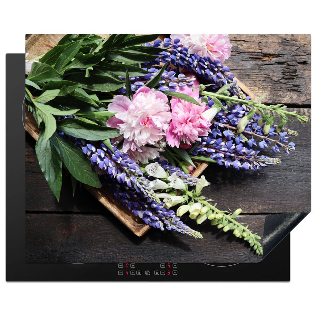 KitchenYeah Herdabdeckplatte Blumen - Vintage - Holz , 65x52cm, Küche Deko, Glaskeramikkochfeld Herdabdeckung, Abdeckplatte fùr Kochfeld