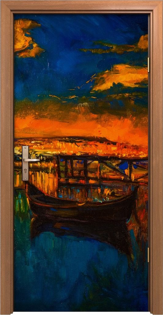 Türposter 90x200 cm Türaufkleber Türtapete Türfolie Klebefolie Boote Wasser Nacht Brücke Himmel