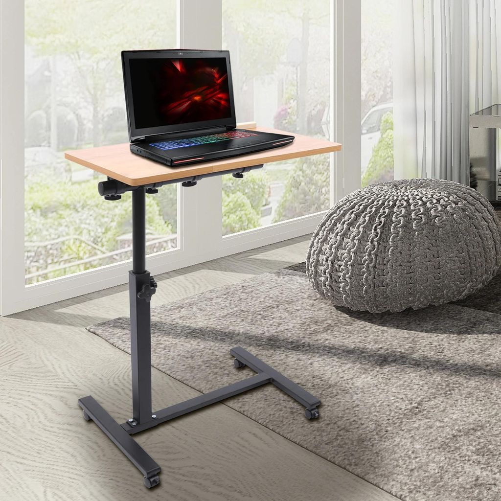 Laptop-Tisch auf Rollen - Sofa-/Bettseitentisch - Höhenverstellbar - Neigbare Tischplatte - Metallgestell mit Holzplatte - Rechteckig - Braun