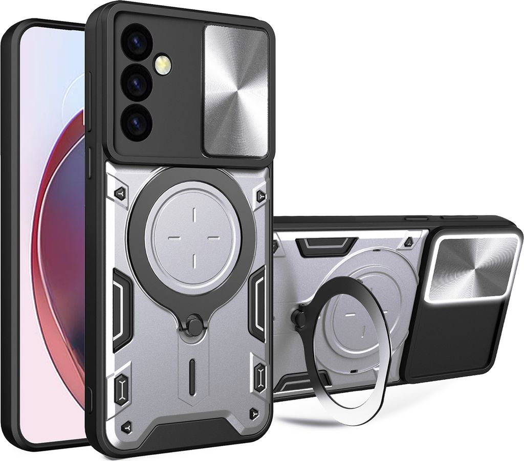 Handyhülle für Samsung Galaxy M34 5G Dual-Layer Stoßfest Rüstung Hülle mit Dia Kameraschutz und Kreisförmig Ring Ständer Silber