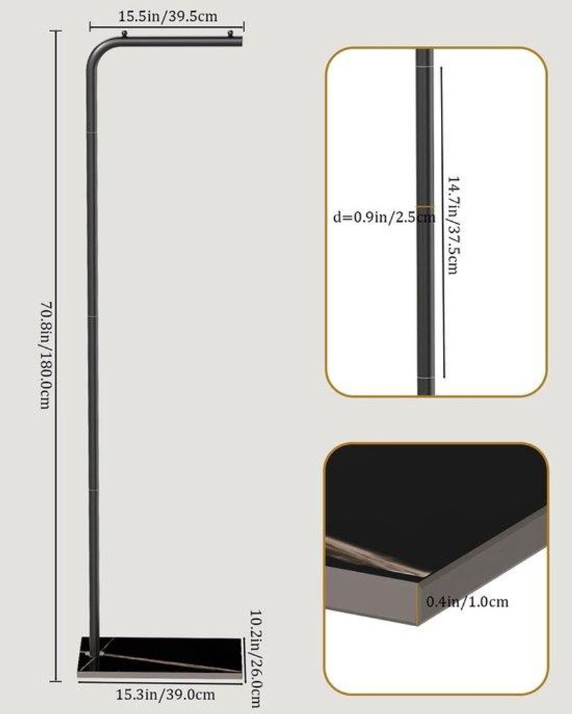 Metallischer freistehender Kleiderständer - natürliche stabile Basis - schwarz - 180 cm