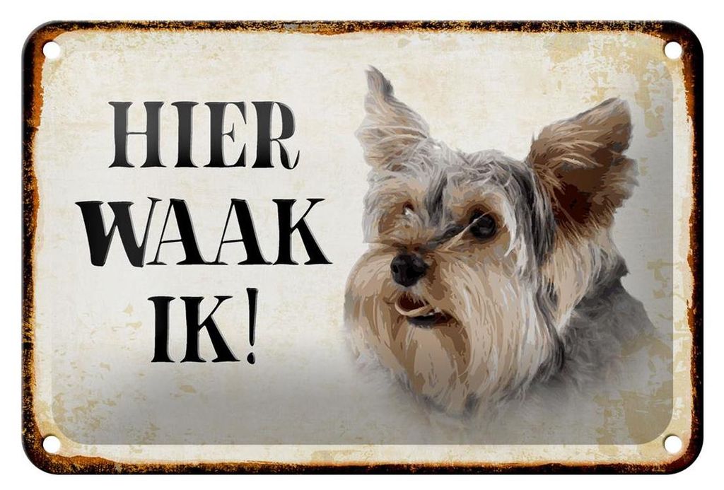 Blechschild Spruch 18x12cm holländisch Hier Waak ik Yorkshire Terrier Hund Deko