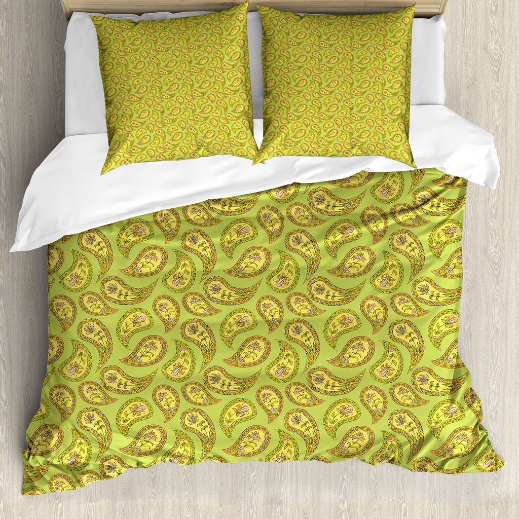 ABAKUHAUS Yellow Paisley Bettbezug Set für Einzelbetten, Blumenverzierungen Kunst, Milbensicher Allergiker geeignet mit Kissenbezug, 155 cm x 220 ...