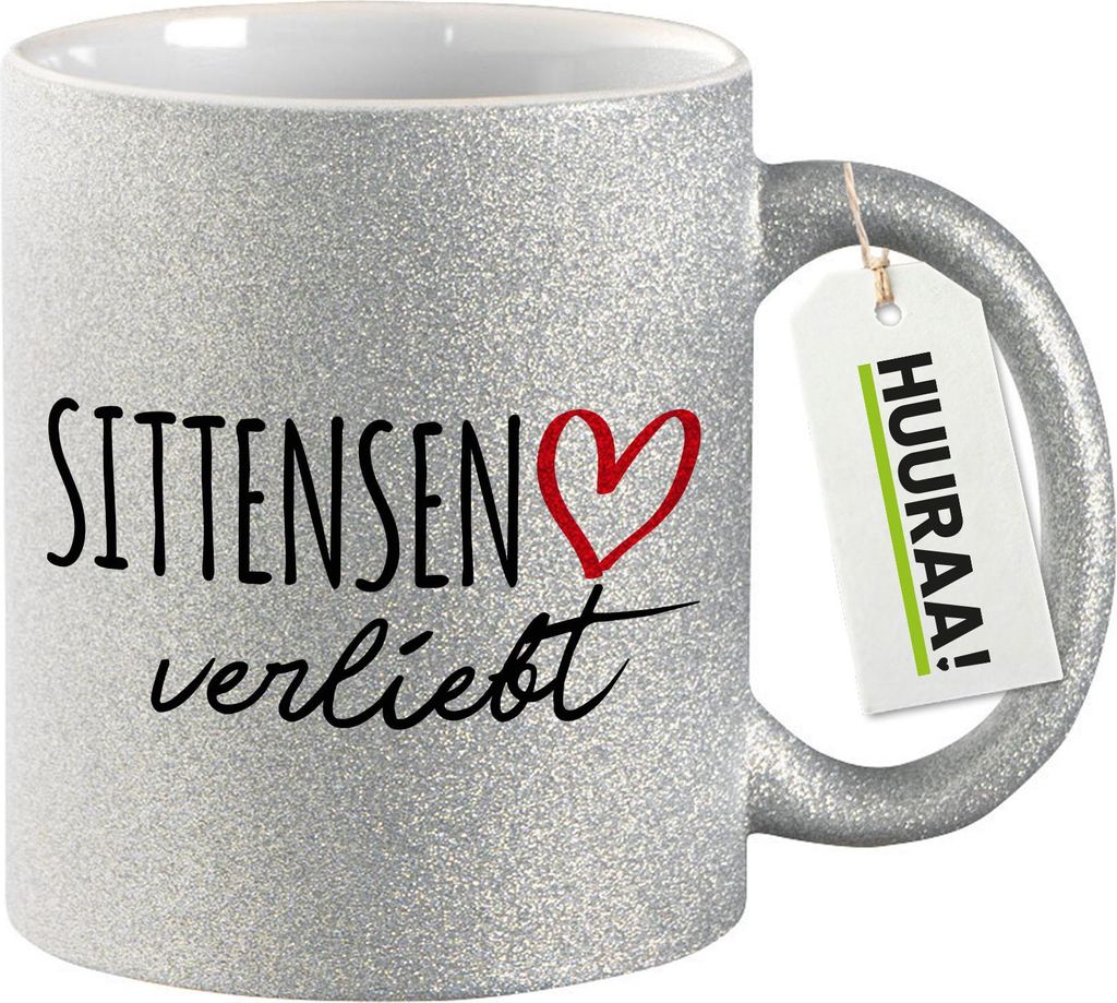 Huuraa Glitzertasse Sittensen verliebt 330ml Silber Keramik Kaffeebecher Geschenkidee